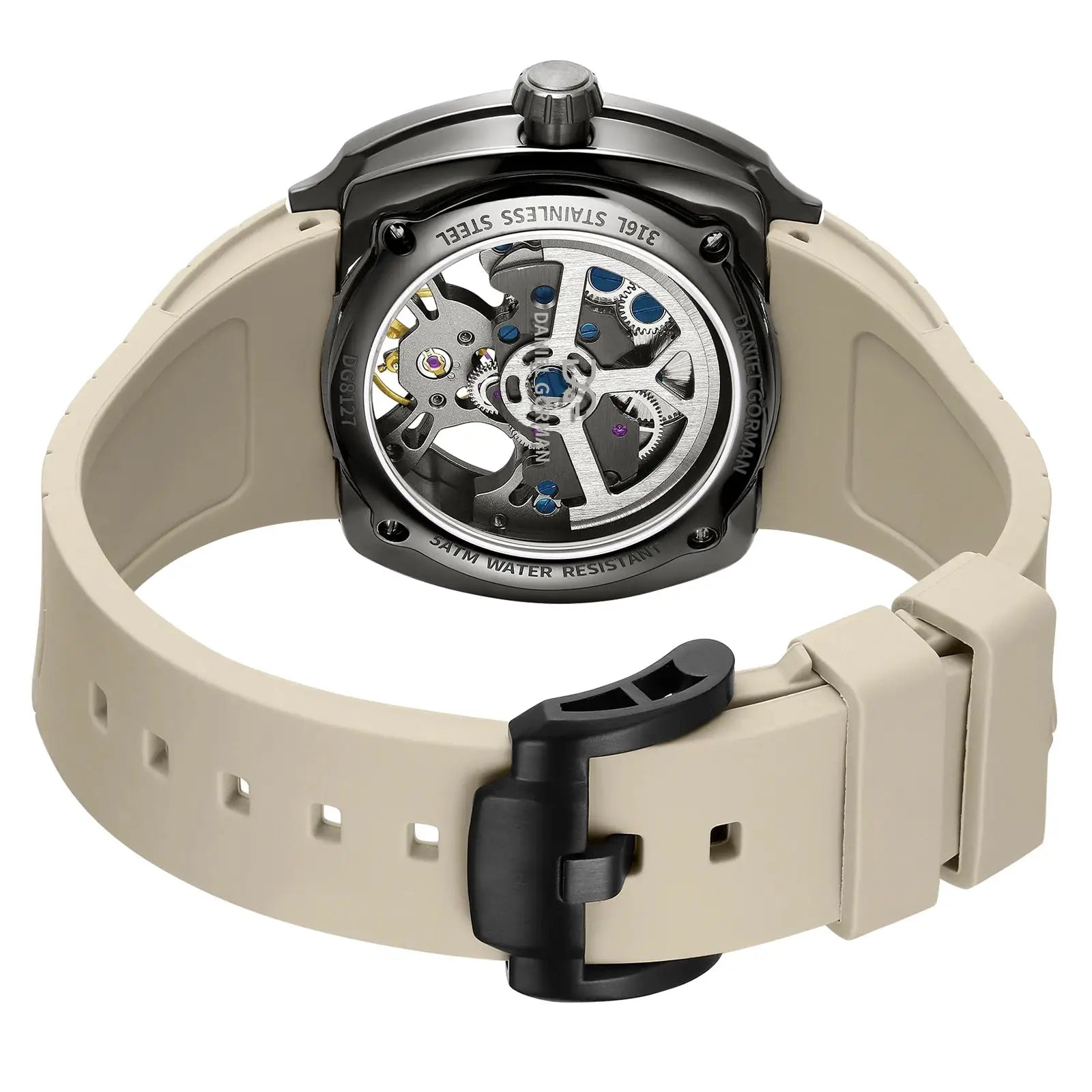 DANIEL GORMAN men's automatic skeleton watch with beige silicone strap and stainless steel case back.