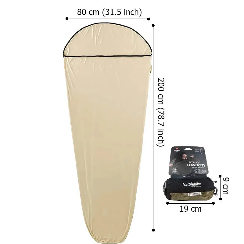 Naturehike sleeping bag liner, ultralight beige mummy quilt, 200 cm by 80 cm, with compact Naturehike carry pouch