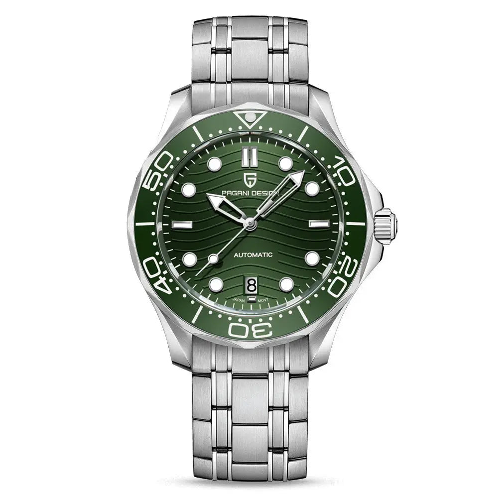 PAGANI DESIGN men's stainless steel automatic dive watch with green dial and AR sapphire crystal