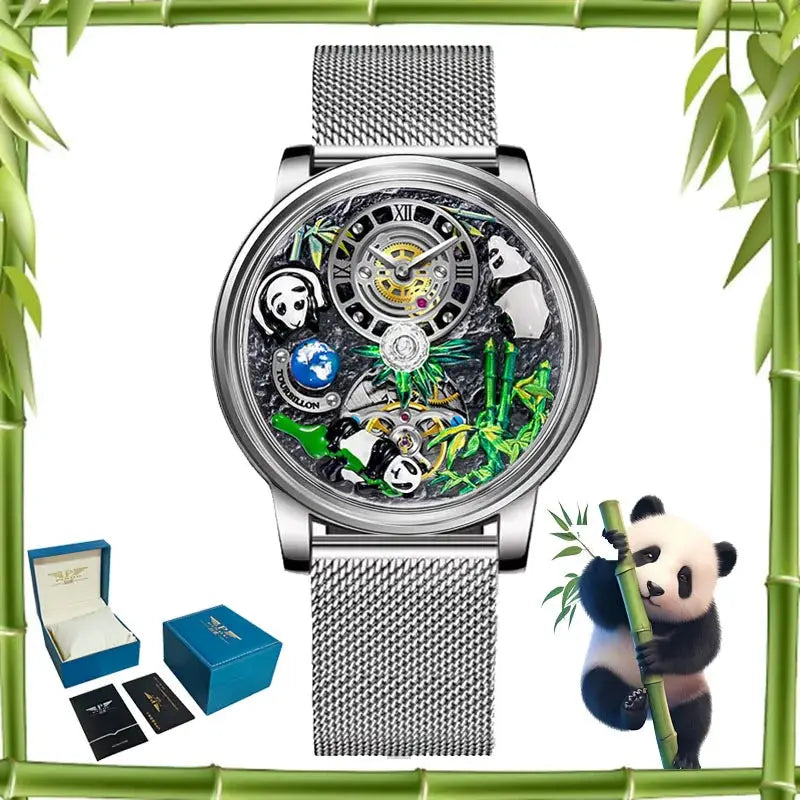 Men's Panda Series mechanical watch, 45.5mm, stainless mesh band, skeleton dial with panda figures.