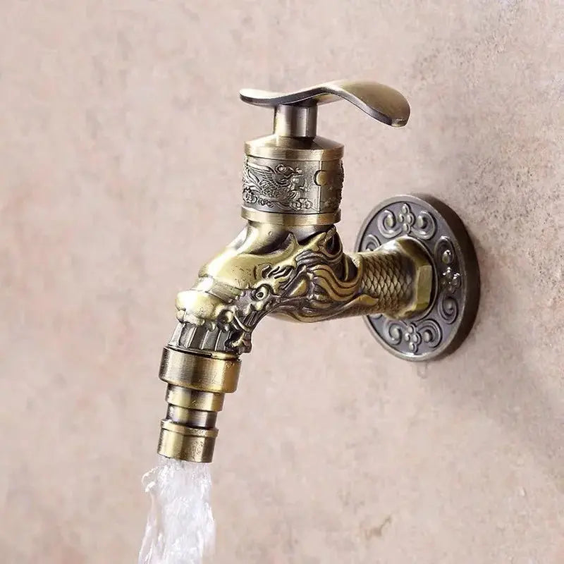 Outdoor brass antique faucet with dragon carving, wall-mounted decorative garden washbasin faucet by Simples Market.
