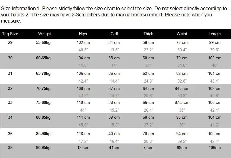 Men's casual chinos size chart with waist, hip, thigh, cuff and length measurements (Sizes 29–38)