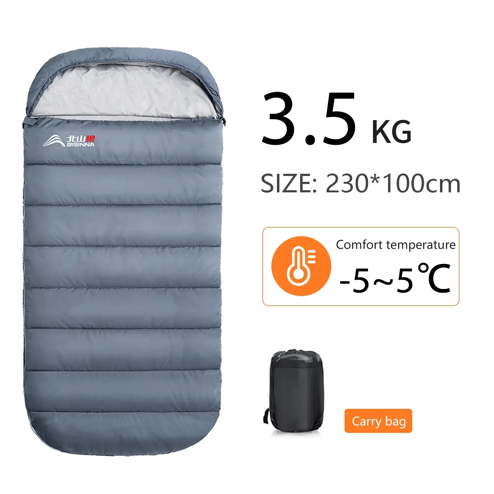BISINNA large camping sleeping bag, gray, 230×100 cm, 3-season, 3.5 kg with carry bag