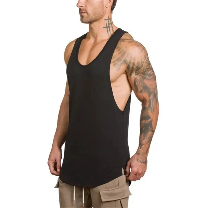 Cotton breathable sleeveless muscle tank top for men, black solid color gym fitness clothing.