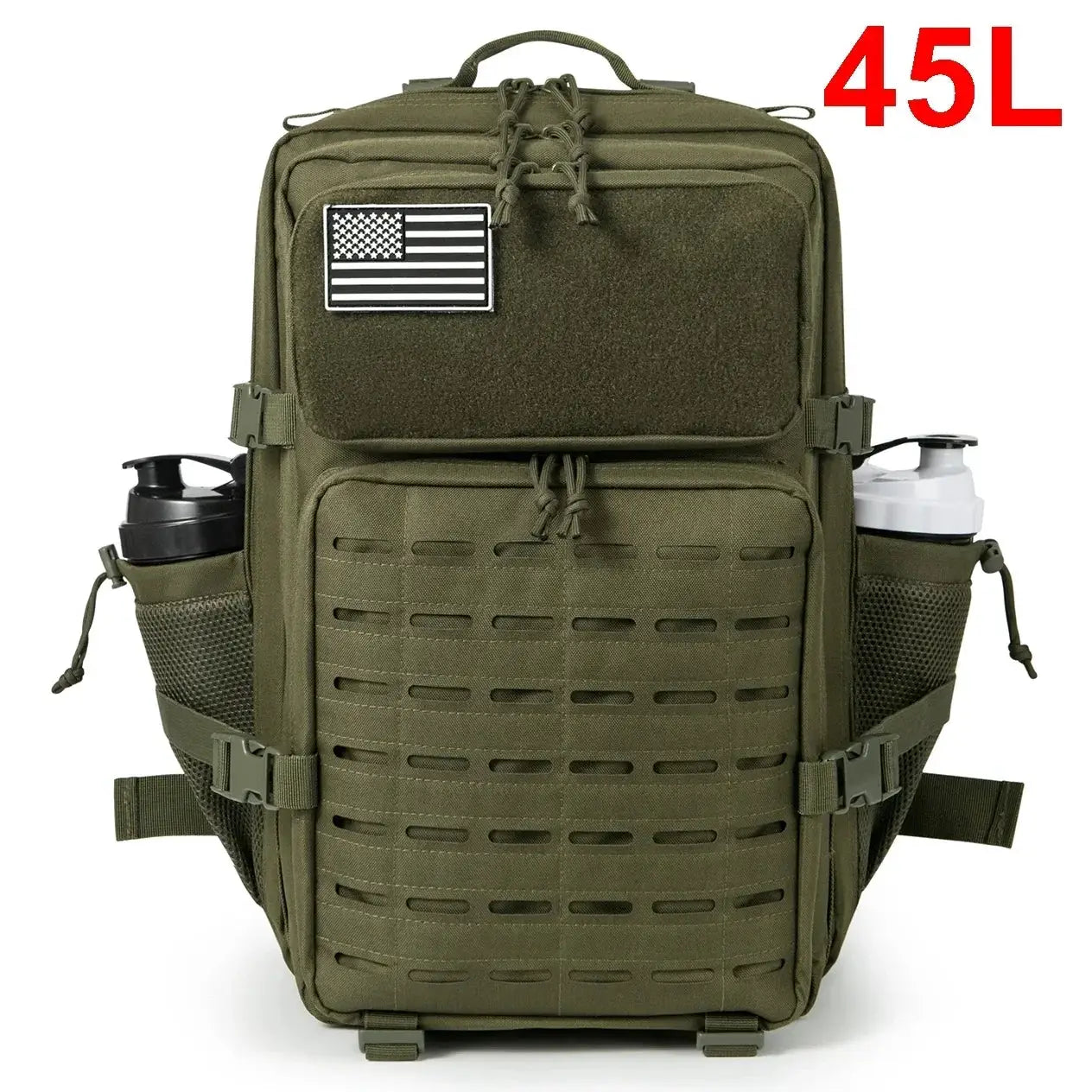 Tactical backpack, olive green with MOLLE webbing, front pouch, and water bottle holders (25L/45L)