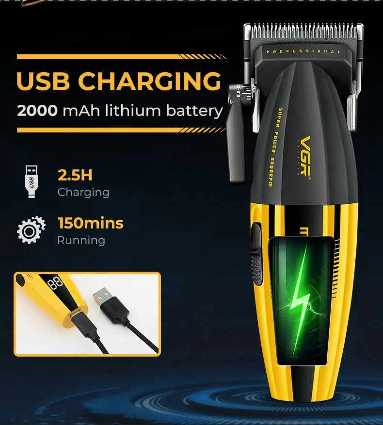 VGR professional hair trimmer in yellow and black with metal blades, USB charging and 2000mAh battery