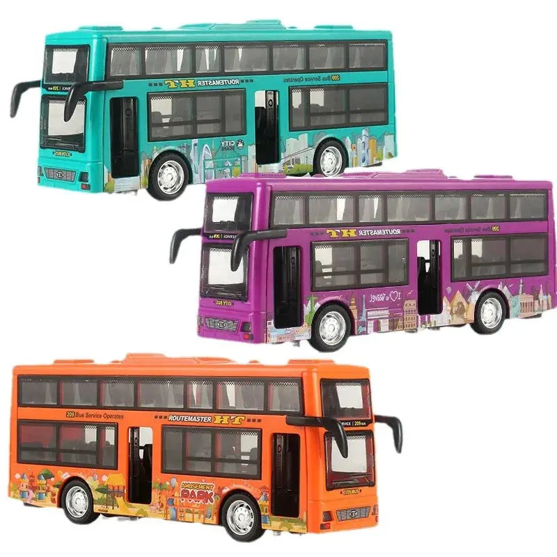 Double Decker Sightseeing Bus Model Die Cast Pull Back Toy Open Doors with Light Music for Boys