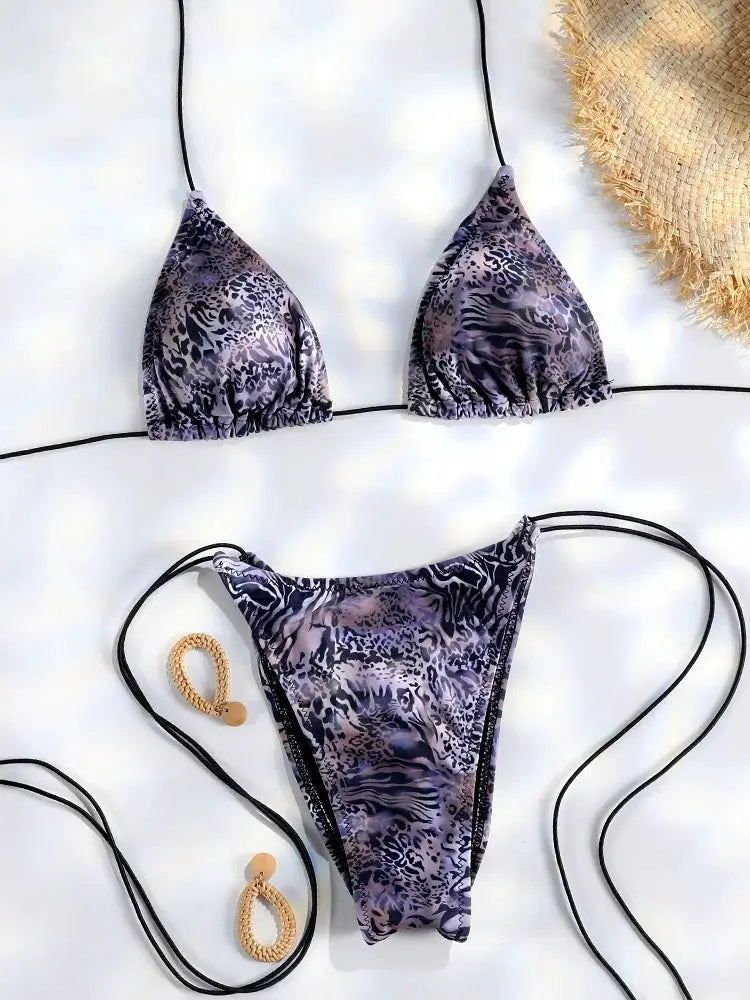 Sexy Triangle Bikini Set For Women Micro Thong Swimsuit Bandage Beachwear With Print Bathing Suit