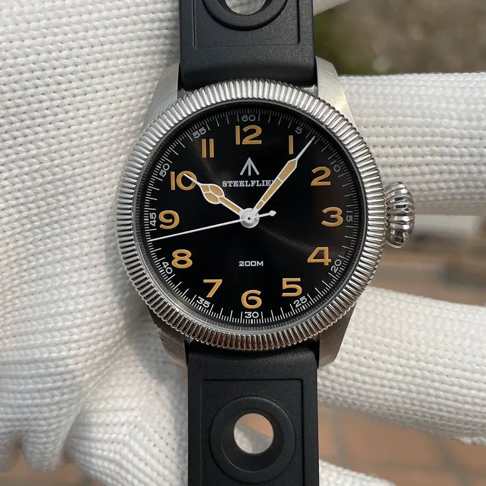 Steelflier SF741 quartz wristwatch with black dial, beige numerals, silver bezel, black silicone strap