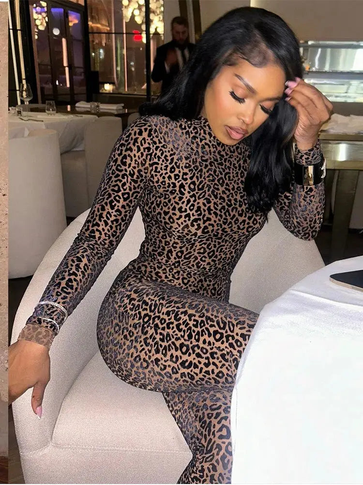 Kliou Midnight Y2K leopard print long-sleeve jumpsuit, slim-fit