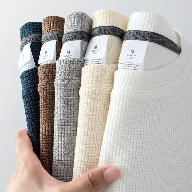 Waffle Knit Short Sleeve T Shirt For Men And Women Summer Japanese Round Neck Loose Casual Solid Color