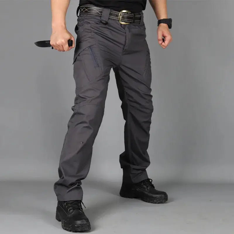 Military tactical cargo pants for men, gray wear-resistant multi-pocket outdoor hiking trousers