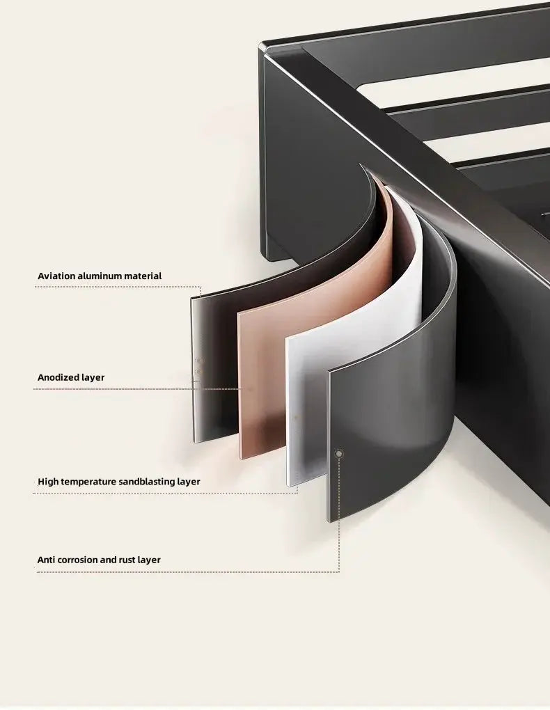 No-drill black aluminum bathroom corner shelf by Simples Market, a shampoo organizer and towel holder.