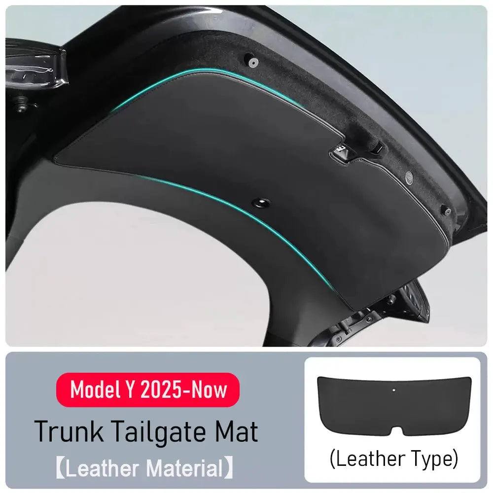 Trunk tailgate mat for Tesla Model Y 2025–Now, leather material with teal edge trim
