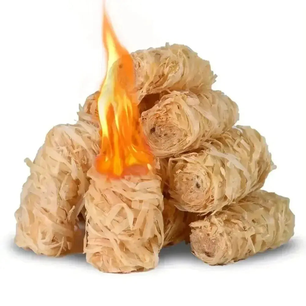 Natural wax wood fire starter sticks by Simples Market, beige wood shavings with a lit flame