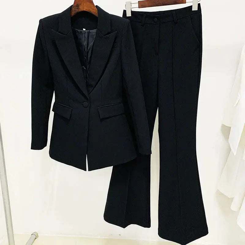 Women's black blazer suit set featuring a single-button blazer and flared pants