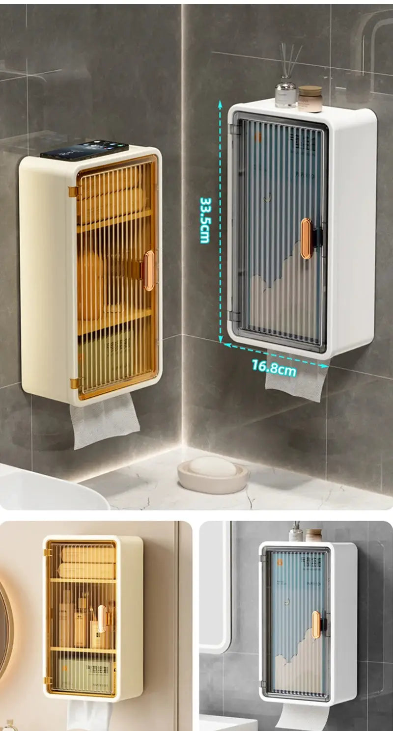 Bathroom wall-mounted tissue box and toiletries storage rack, two units in white and amber by Simples Market