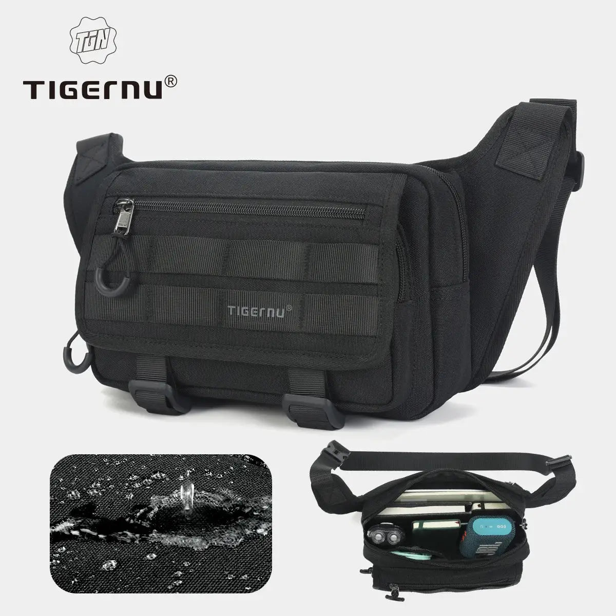 Tigernu men's chest bag black nylon with front zip pocket and MOLLE webbing; water-resistant crossbody sling