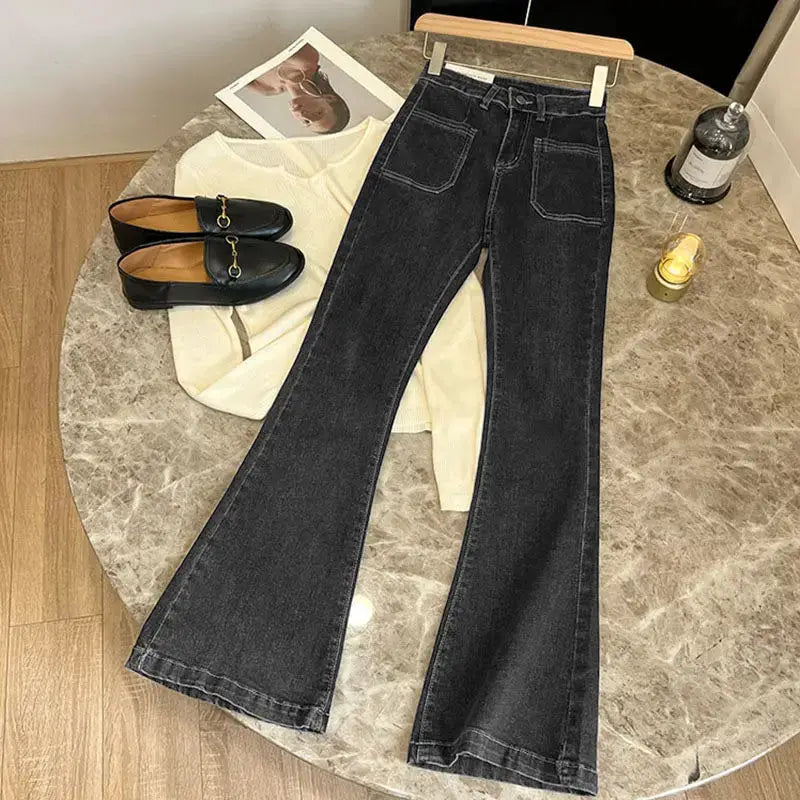 High Waist Loose Jeans Pockets Vintage Washed Denim Flare Trousers
