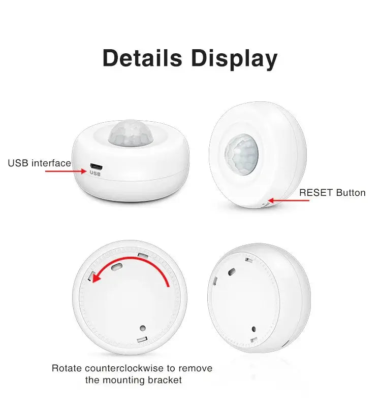Simples Market Tuya WiFi smart PIR motion sensor, white circular burglar alarm with USB interface and reset button