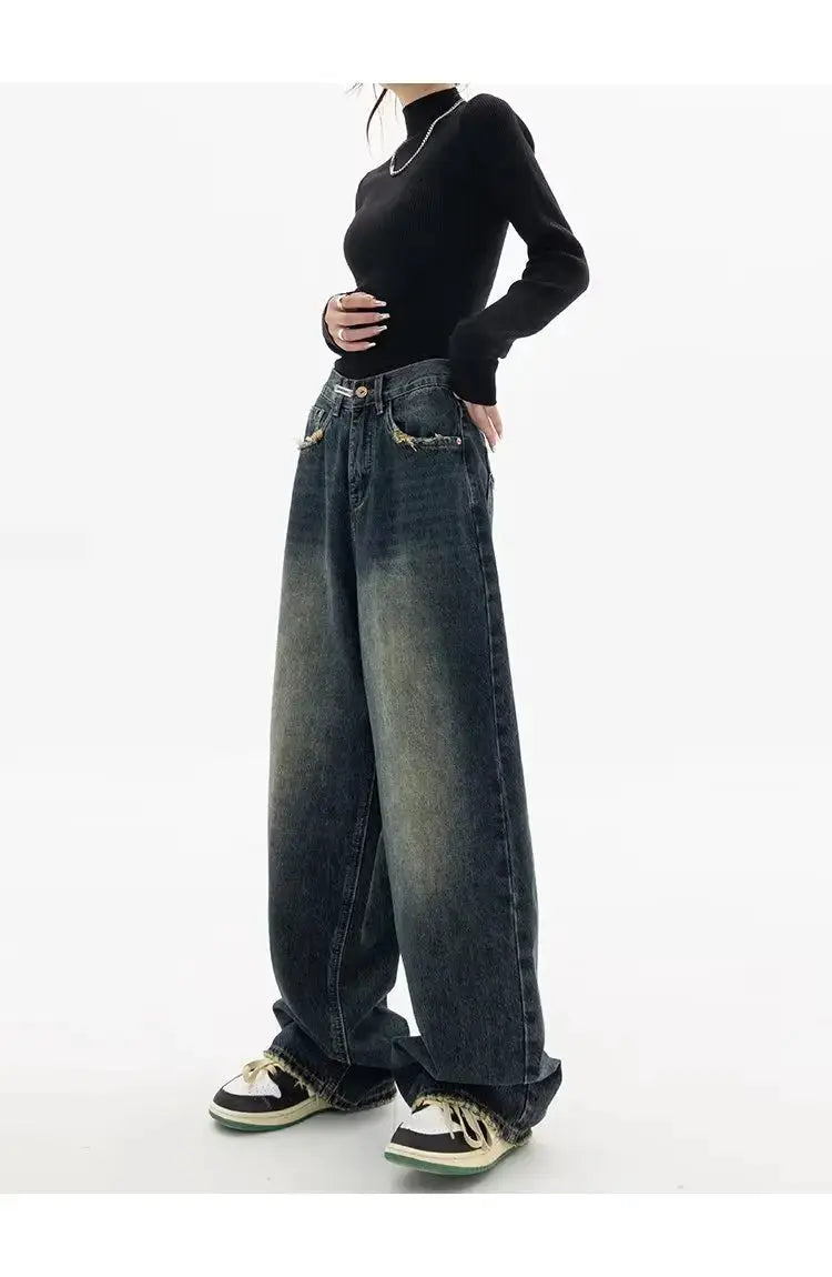 High Waist Wide Leg Jeans Women Harajuku Vintage BF Style Denim