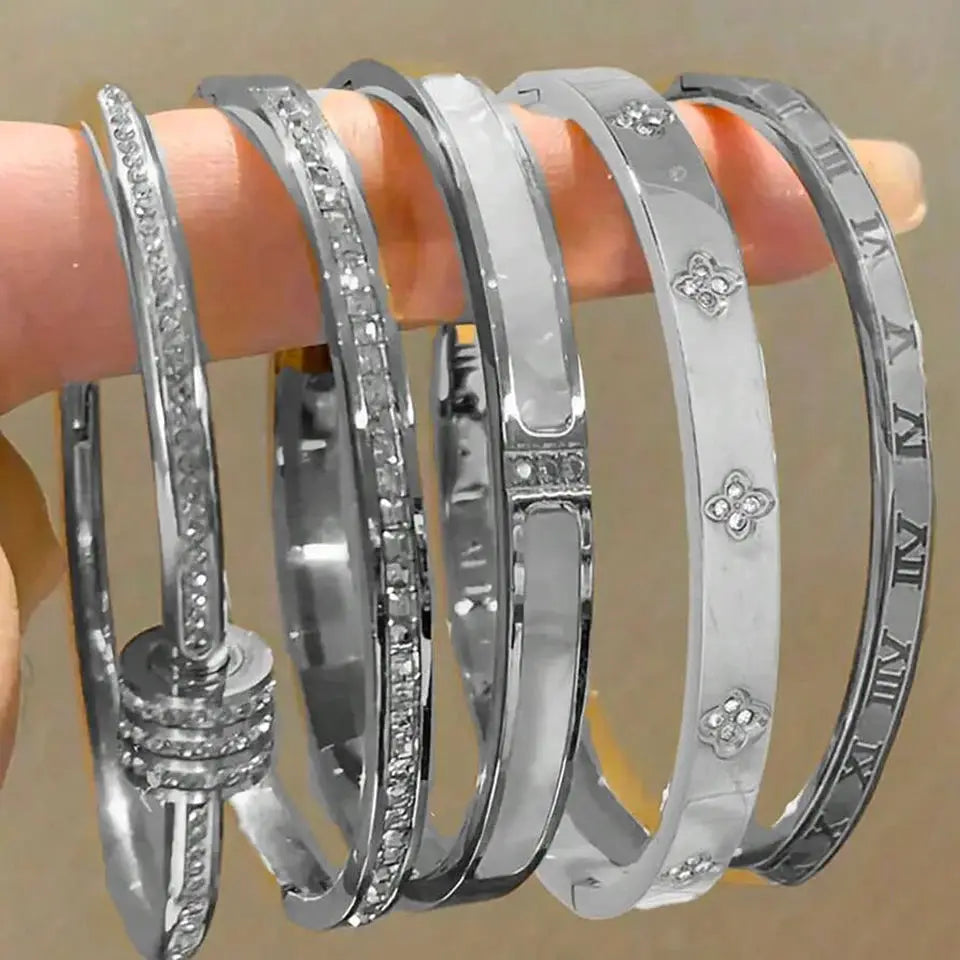 Zakol Sparkling Zirconia Inlaid Stainless Steel Bracelet Set For Women Stackable Bangles Fashion Non Fading Jewelry Gift
