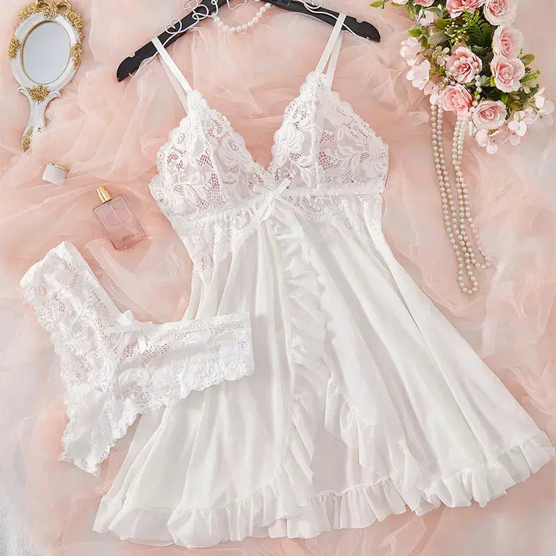 DreamLace 2 Piece Lace Nightgown Set With V Neck Bra And Panty Transparent Split Design For Summer Comfort