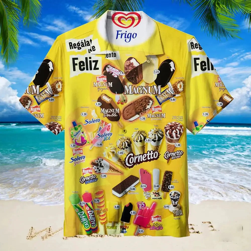 Yellow Hawaiian shirt with 3D ice cream print, unisex oversized short-sleeve beach shirt