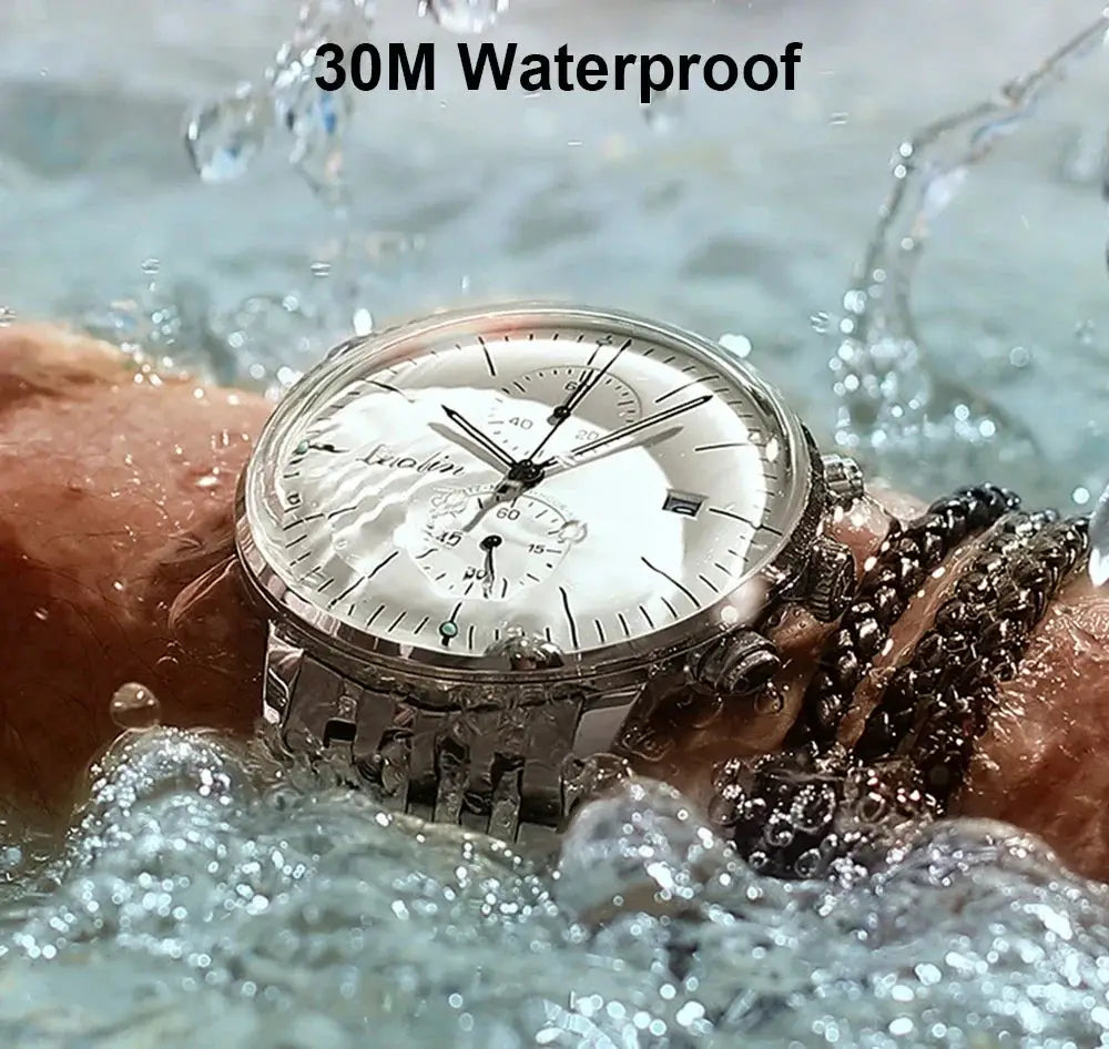 Men's stainless steel automatic wristwatch by Simples Market with white dial, chronograph subdials, 30M waterproof