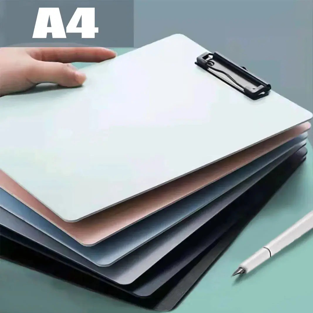 Stack of several A4 folders in pastel tones with a top clipboard clip, hand holding the cover.