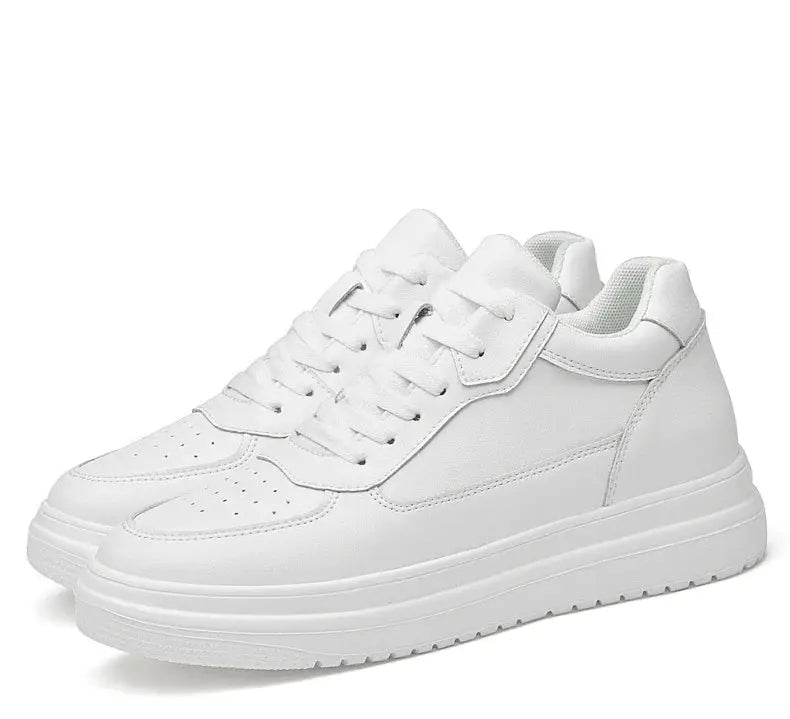 Men's white leather elevator sneakers with a thick platform sole for casual wear, height increase 6/8/10 cm