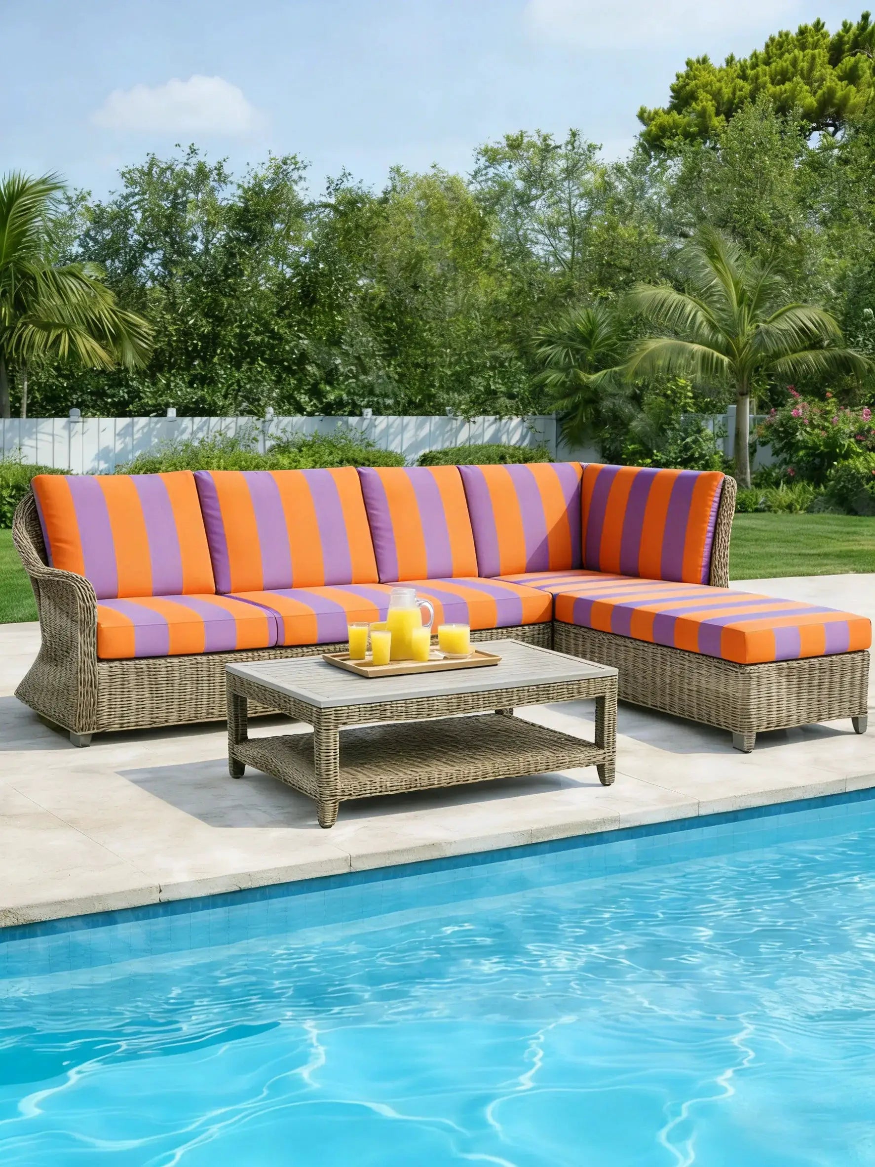 Outdoor sofa cushion covers on a wicker sectional with orange and purple striped cushions beside a pool.