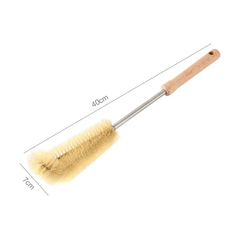 Wooden bottle cleaning brush with long stainless-steel handle and natural beige bristles by Simples Market, 40cm long.