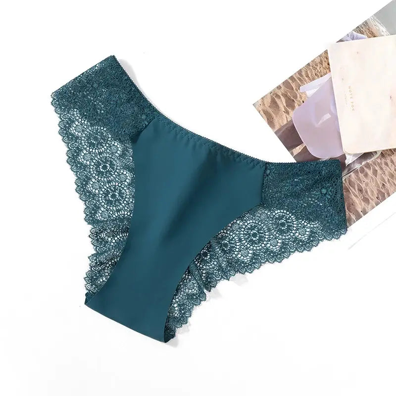 Teal satin lace-trimmed women's panty with breathable fabric, soft comfortable lingerie briefs for everyday wear