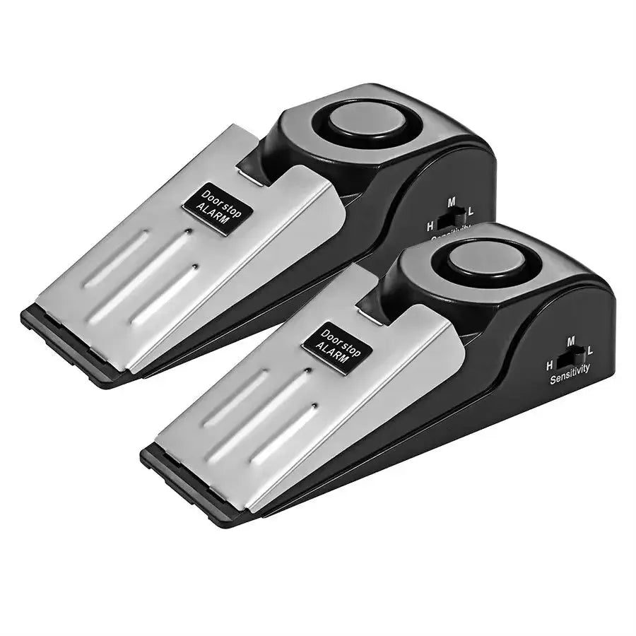 2-pack wireless door stop alarm system by Simples Market; black body with silver metal foot, 125dB alarm