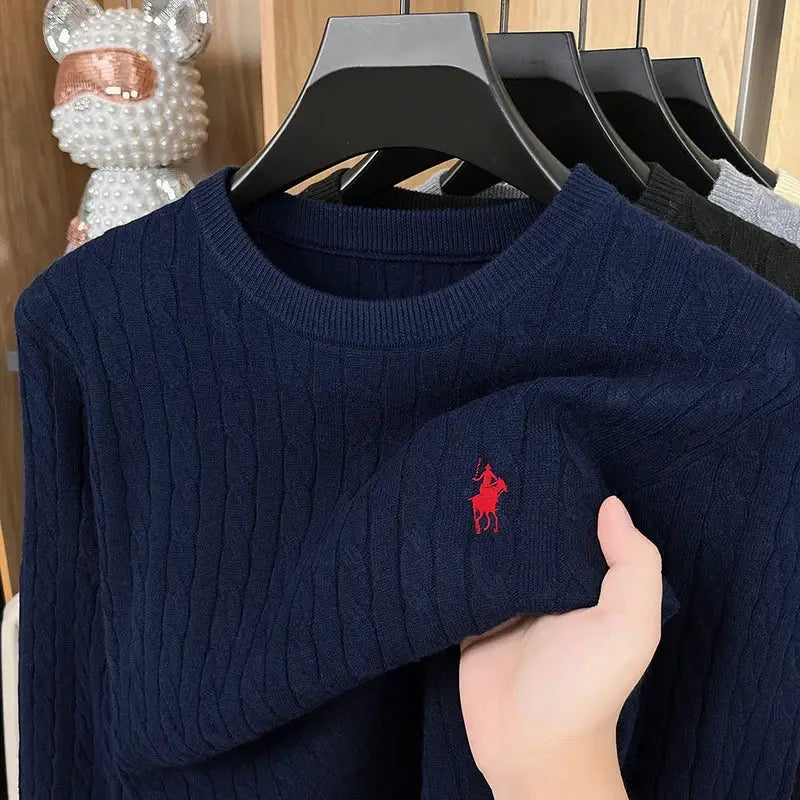 Men's knit sweater set of 4 colors in navy/black/gray/beige, round neck, red polo logo, Simples Market
