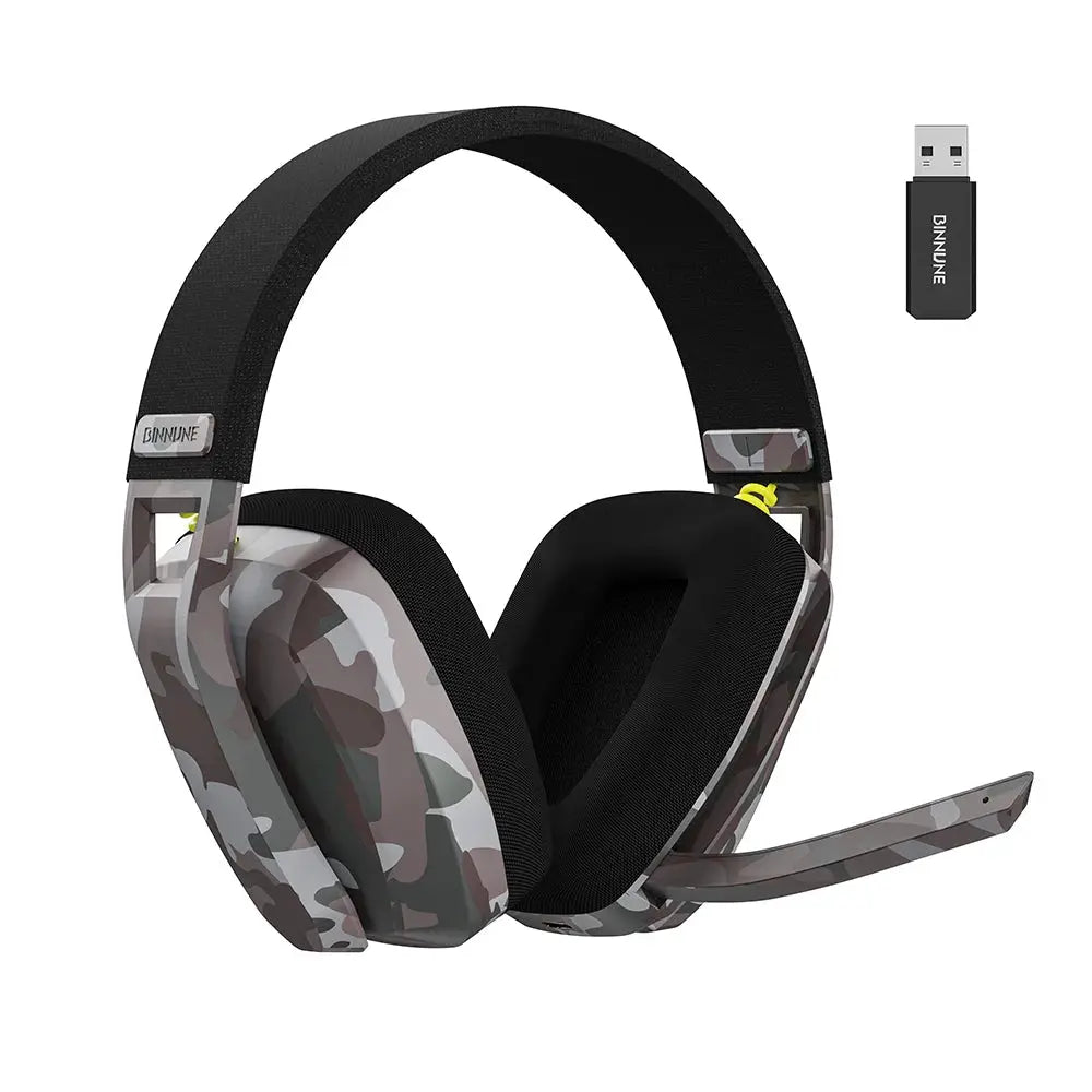 BINNUNE BW06 wireless gaming headset with mic in camo print, over-ear design with USB dongle.