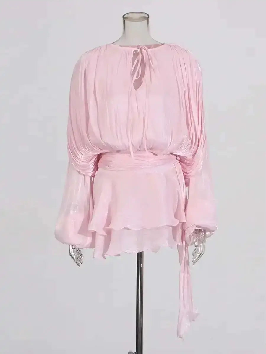 Twotwinstyle Solid Blouse Mini Dress For Women V Neck Long Sleeve Lace