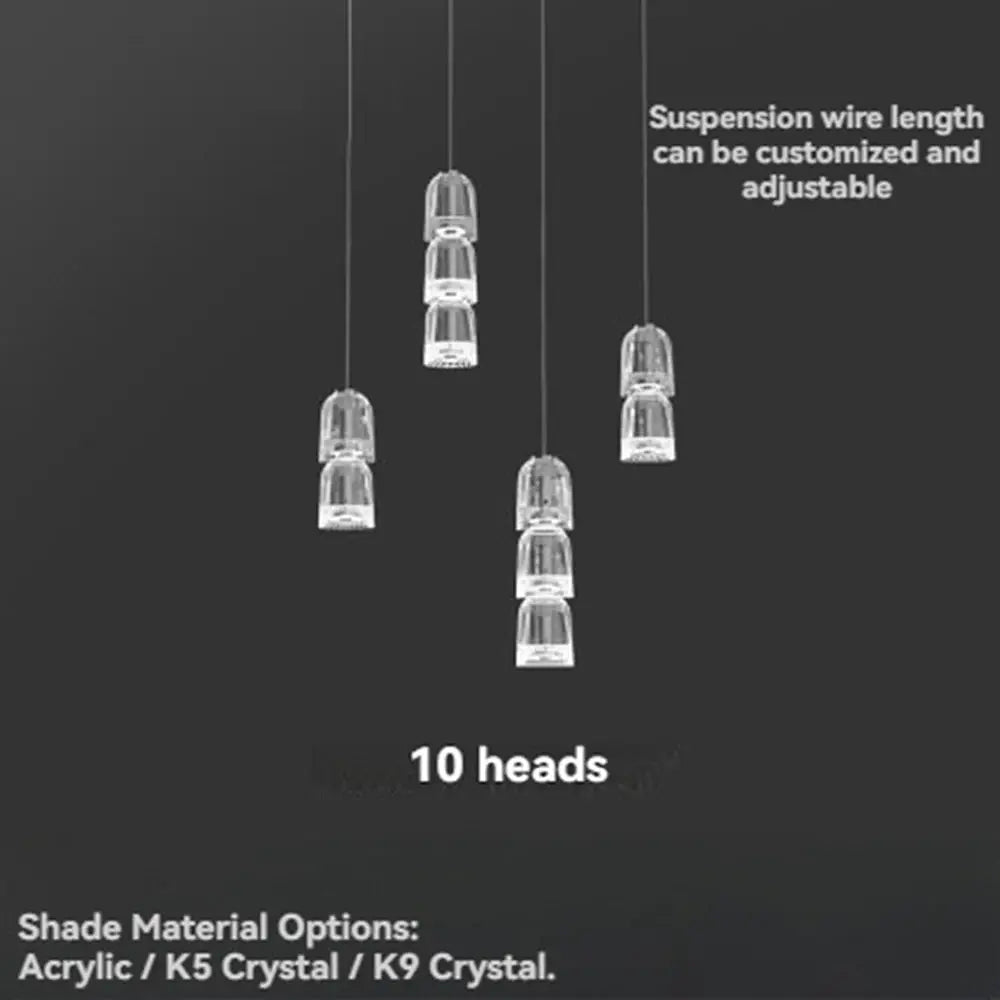 Necklace chandelier ceiling light with crystal acrylic beads, 10 heads, adjustable multi-strand chain
