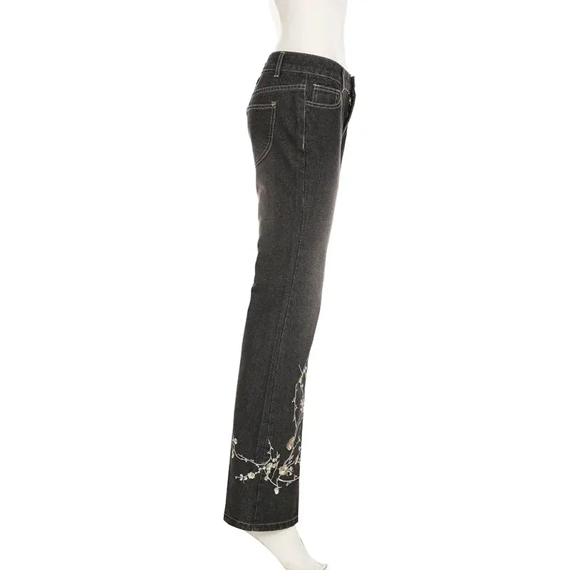 Weekeep Floral Embroidery Jeans Y2K Vintage Low Rise Flared Denim