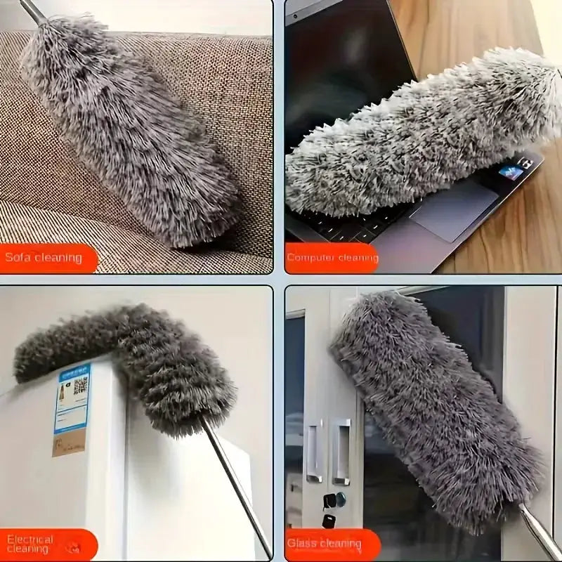 Simples Market duster with extension rod; retractable brush shown in 4 views for sofa, computer, glass cleaning