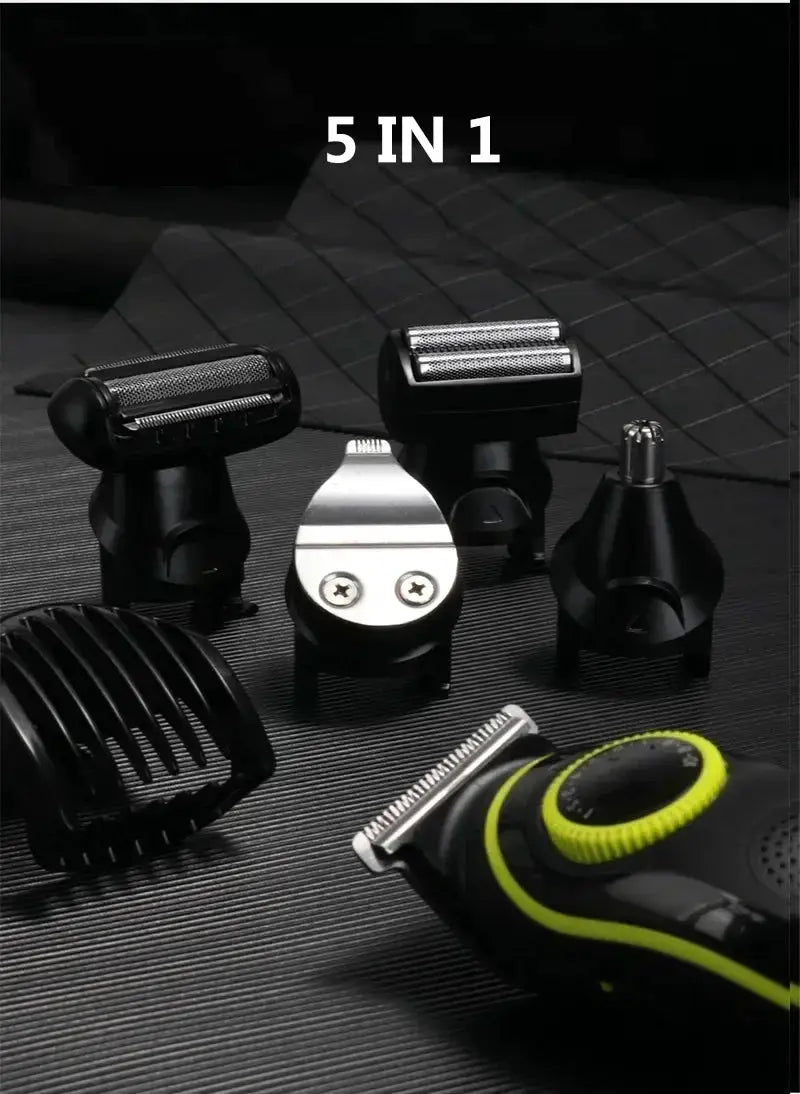 Hair clipper KM-696 5-in-1 trimmer kit with multiple interchangeable heads and a black-green handheld device