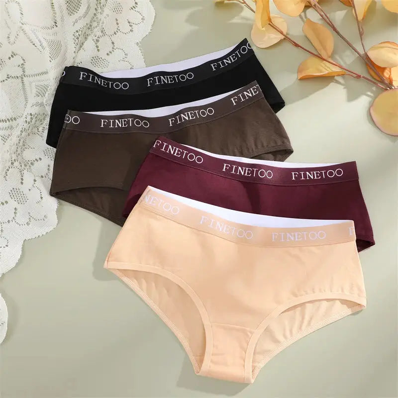 FINETOO cotton underwear briefs; 4-pair set with branded waistbands in black, brown, burgundy, and peach.