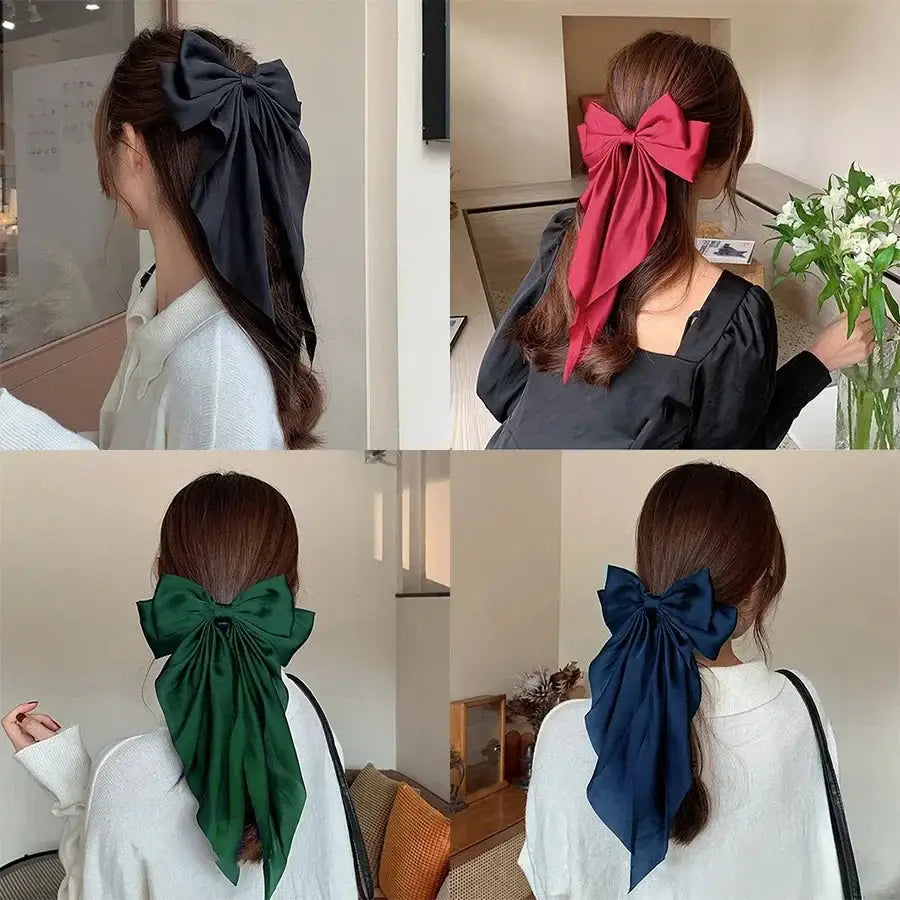 Korean Satin Bowknot Hair Clip For Women And Girls Long Ribbon Solid Color Barrette Hair Accessory