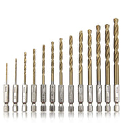 13-Piece Titanium Plated Twist Drill Bit Set With Hexagonal Handle 1.5-6.5mm For Wood Plastic Aluminum Iron