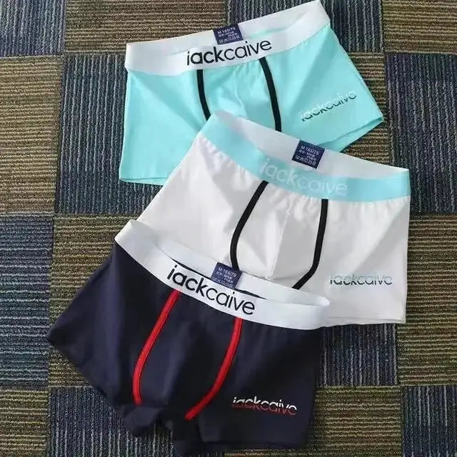 Three-pack cotton men's boxers by jackcave in turquoise, white, and navy with contrasting waistbands