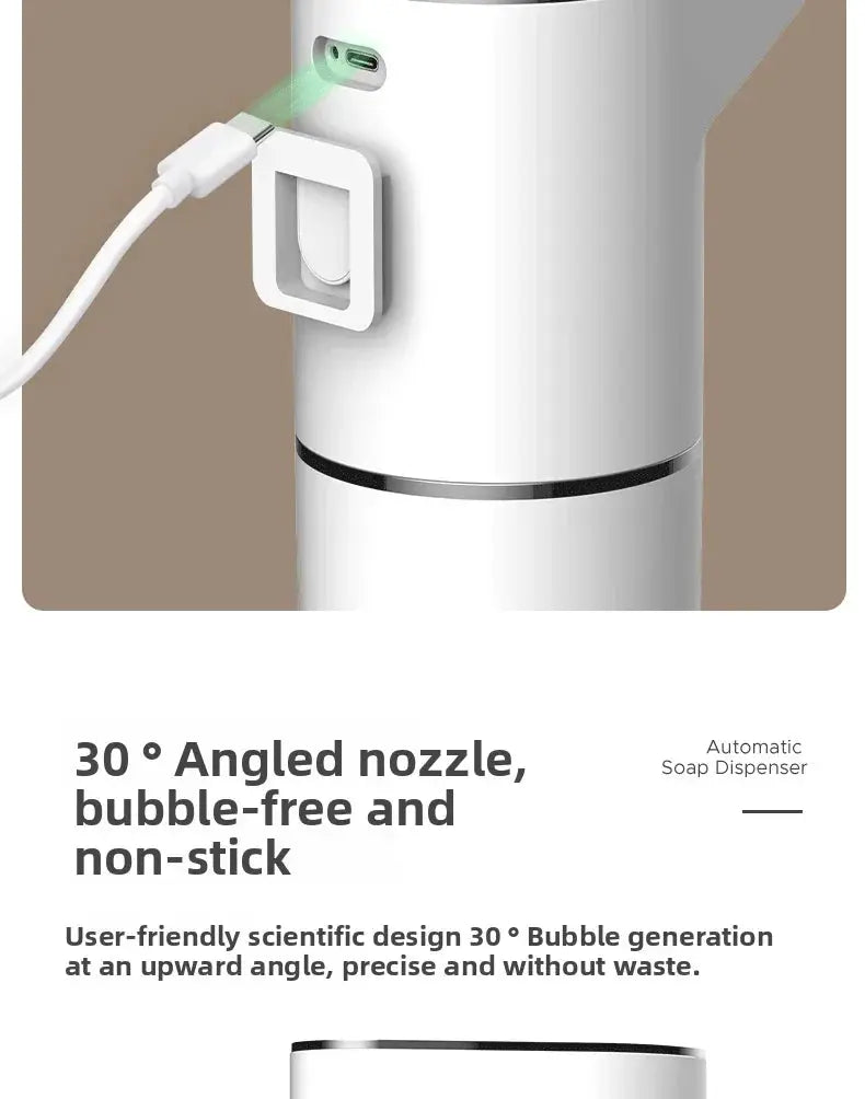 Simples Market white wall-mounted automatic soap dispenser with 30° angled nozzle and USB-C charging port