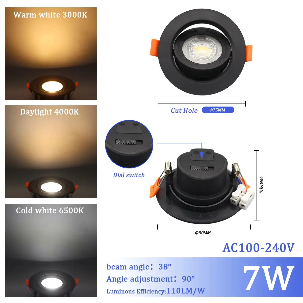 LED recessed ceiling spotlight by Simples Market, 7W, AC100–240V, 3000/4000/6000K, 90° adjustable, Ø75mm cut hole