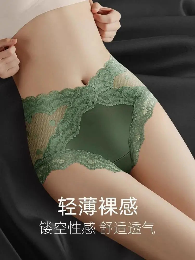 Women's green lace high-waist panties with scalloped edges and sheer mesh panels