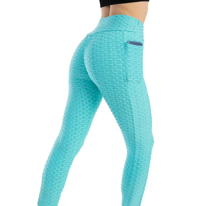 Women pocket bubble leggings in turquoise, high-waisted with textured honeycomb pattern